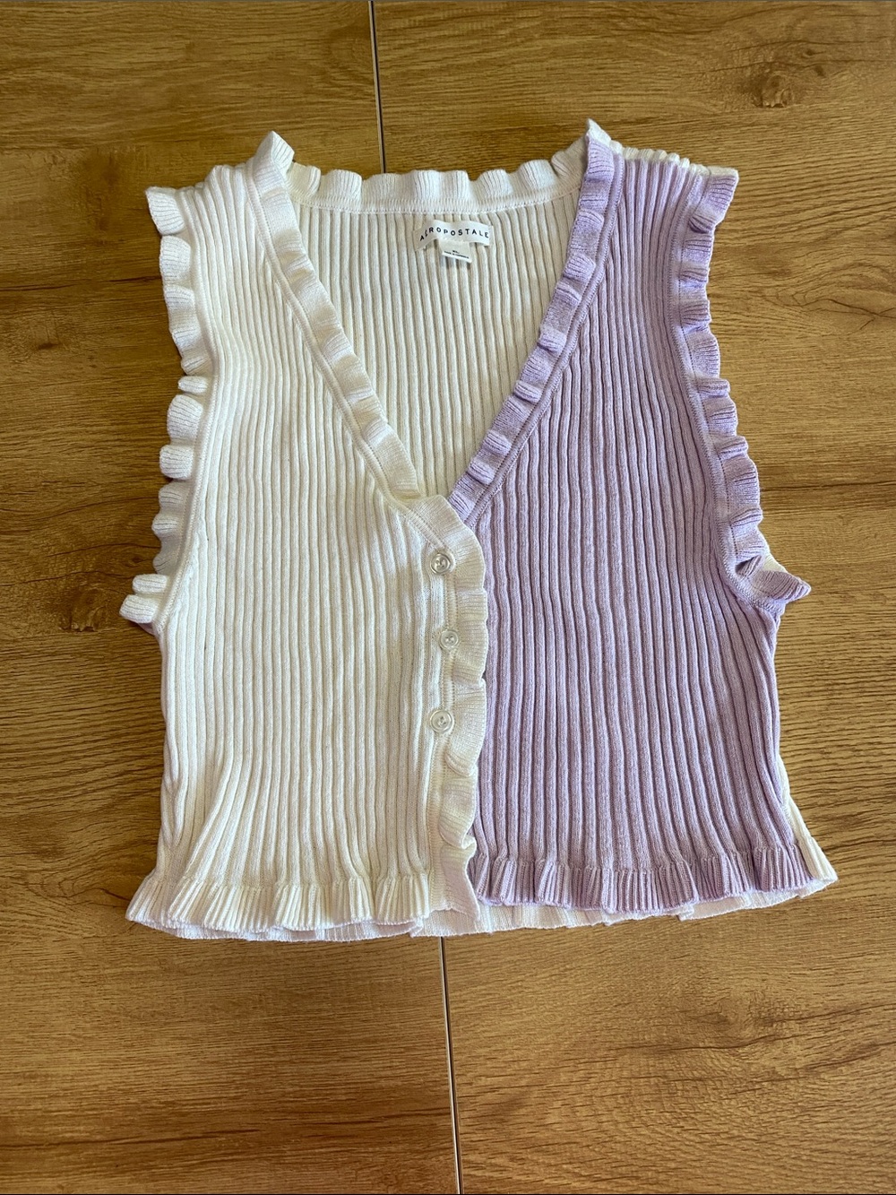 Aeropostale Lavender and Cream Ribbed Ruffle-Edge Button Vest